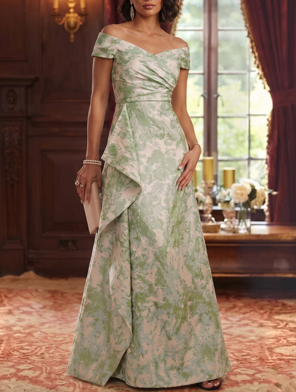 A-Line/Princess Off-the-Shoulder Jacquard Mother of the Bride Dresses Sleeveless Ruffles Floor-Length Ruched