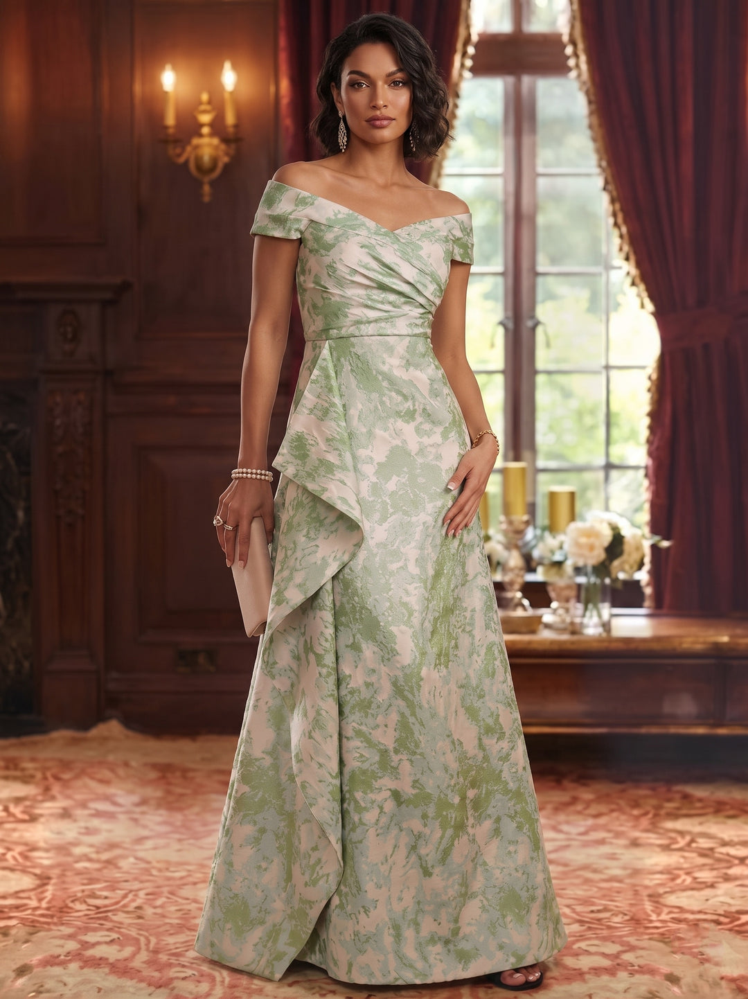 A-Line/Princess Off-the-Shoulder Jacquard Mother of the Bride Dresses Sleeveless Ruffles Floor-Length Ruched