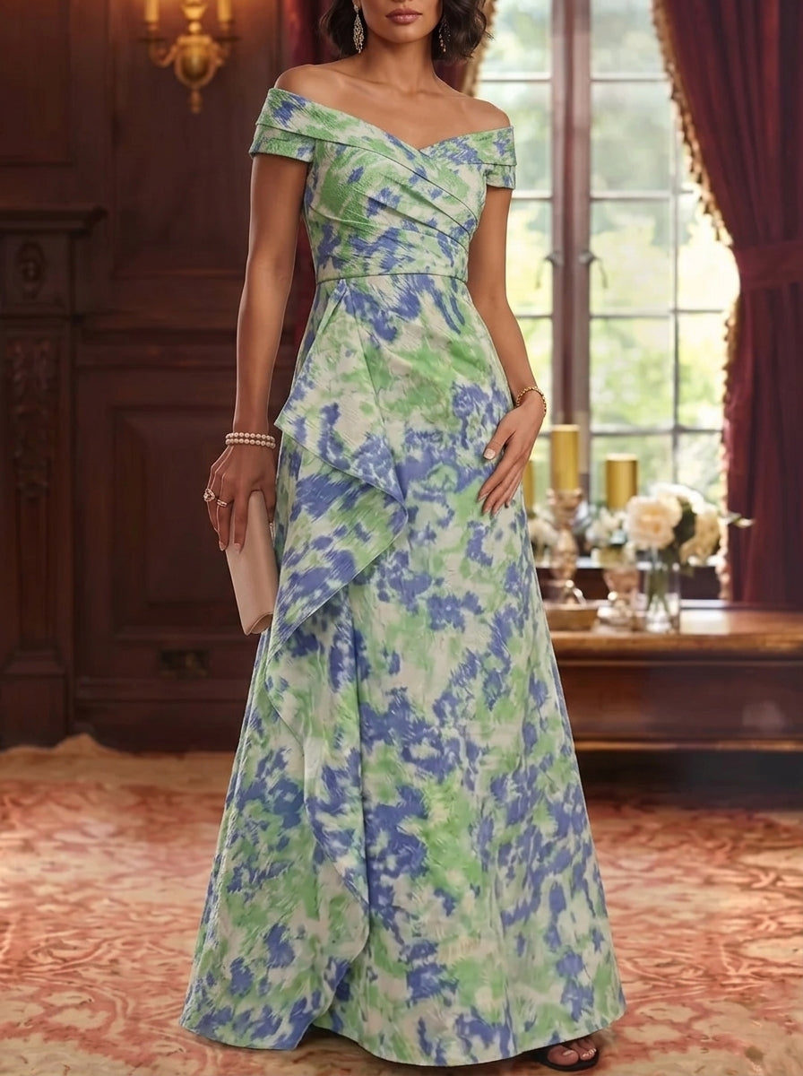A-Line/Princess Off-the-Shoulder Jacquard Mother of the Bride Dresses Sleeveless Ruffles Floor-Length Ruched