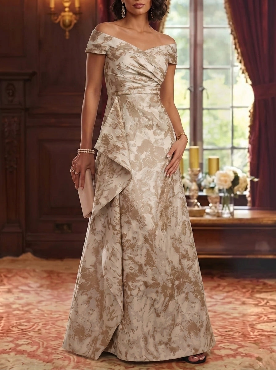 A-Line/Princess Off-the-Shoulder Jacquard Mother of the Bride Dresses Sleeveless Ruffles Floor-Length Ruched