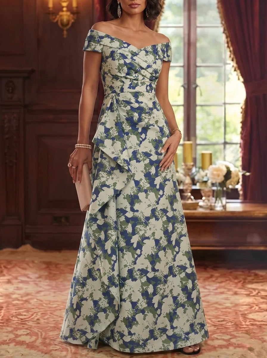 A-Line/Princess Off-the-Shoulder Jacquard Mother of the Bride Dresses Sleeveless Ruffles Floor-Length Ruched