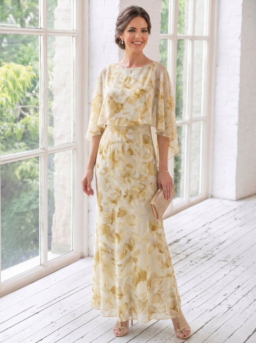 Sheath/Column Scoop Chiffon Mother of the Bride Dresses Floral Ankle-Length Cape Sleeves