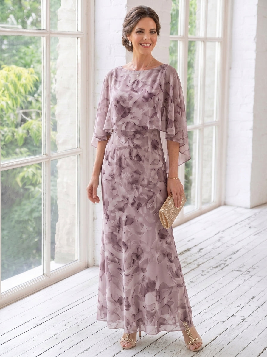Sheath/Column Scoop Chiffon Mother of the Bride Dresses Floral Ankle-Length Cape Sleeves