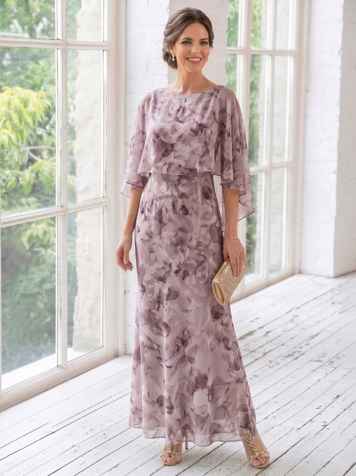 Sheath/Column Scoop Chiffon Mother of the Bride Dresses Floral Ankle-Length Cape Sleeves