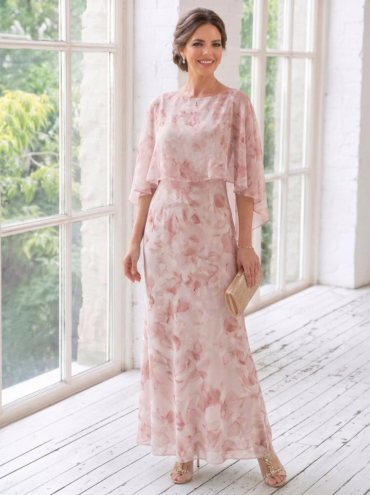 Sheath/Column Scoop Chiffon Mother of the Bride Dresses Floral Ankle-Length Cape Sleeves