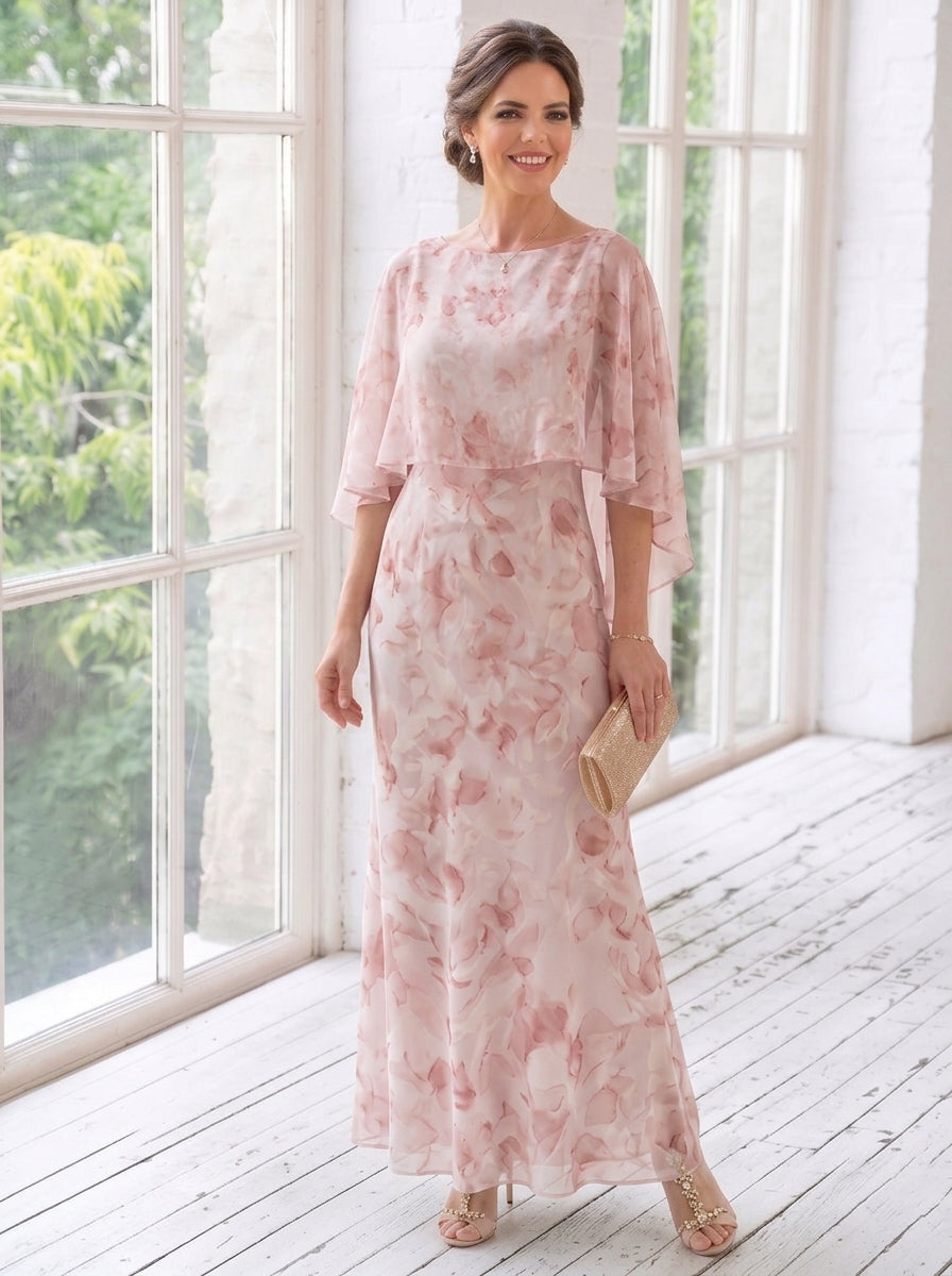 Sheath/Column Scoop Chiffon Mother of the Bride Dresses Floral Ankle-Length Cape Sleeves