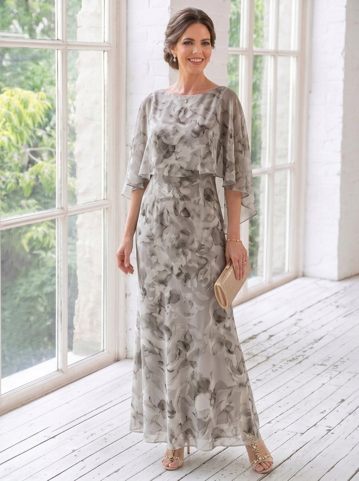 Sheath/Column Scoop Chiffon Mother of the Bride Dresses Floral Ankle-Length Cape Sleeves