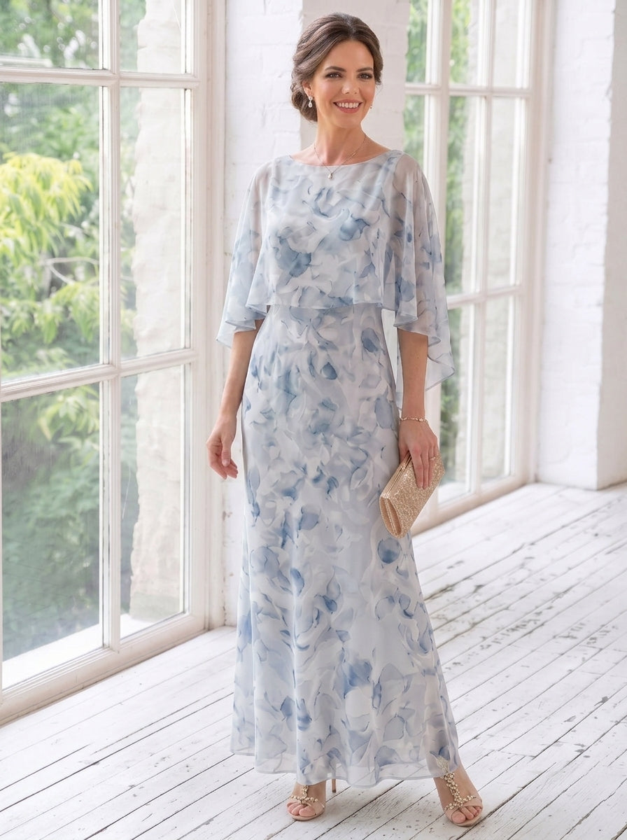 Sheath/Column Scoop Chiffon Mother of the Bride Dresses Floral Ankle-Length Cape Sleeves