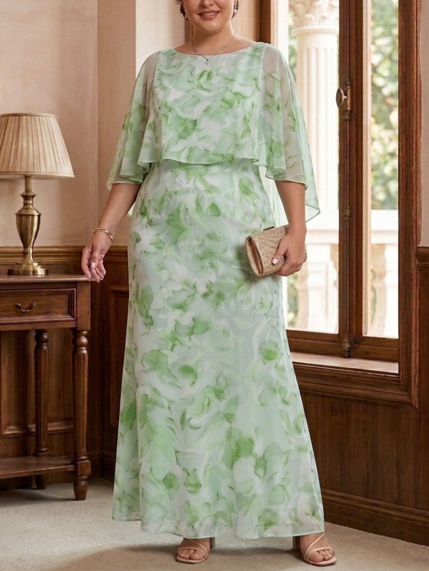 Sheath/Column Scoop Chiffon Plus Size Mother of the Bride Dresses Floral Ankle-Length Cape Sleeves, Sage