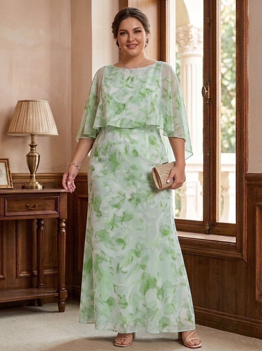 Sheath/Column Scoop Chiffon Plus Size Mother of the Bride Dresses Floral Ankle-Length Cape Sleeves, Sage