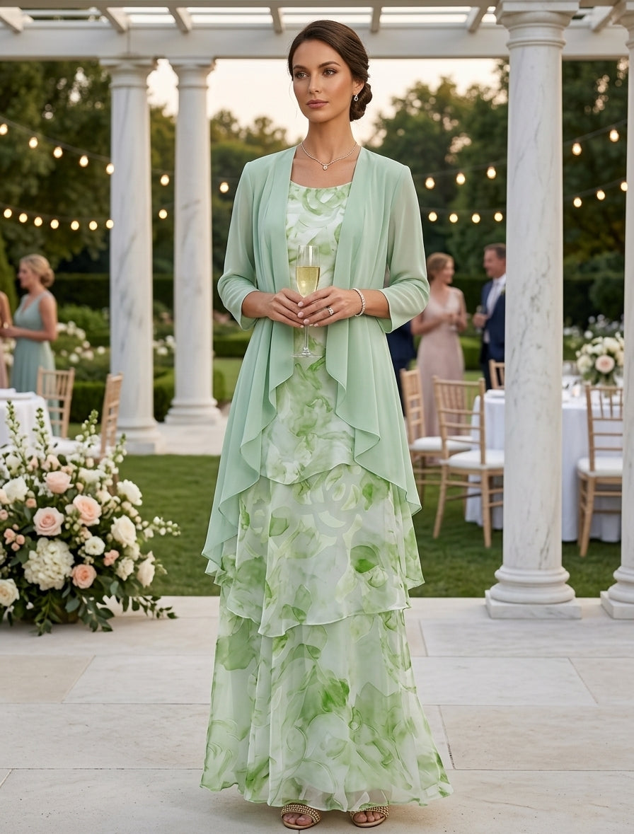 A-Line/Princess Scoop Chiffon Mother of the Bride Dresses with Jacket Floral Ankle-Length 3/4 Sleeves, Mist Blue