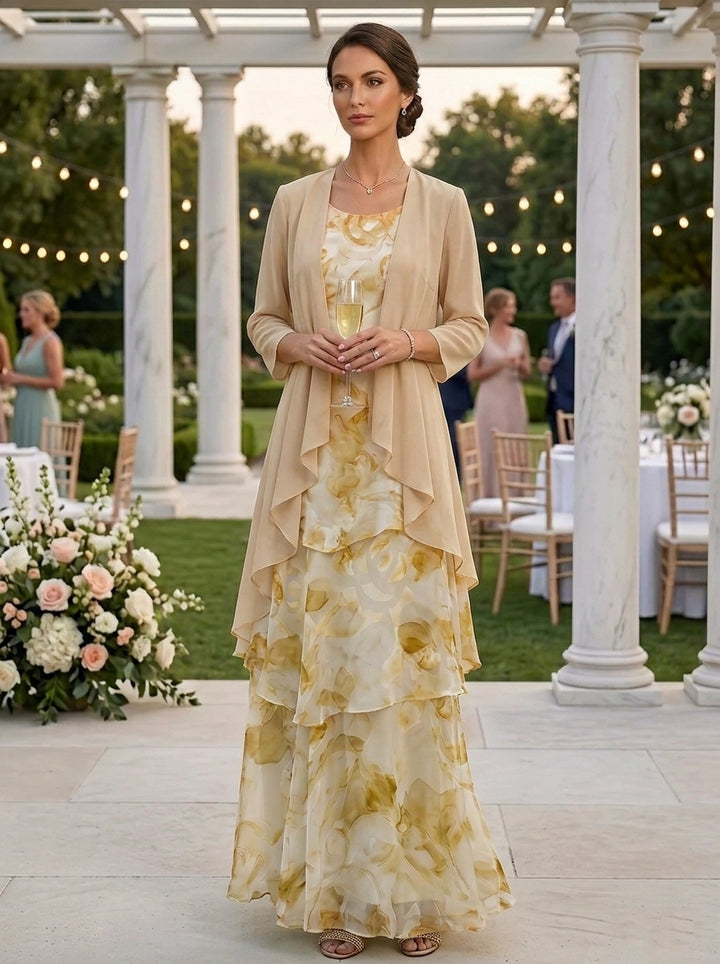 A-Line/Princess Scoop Chiffon Mother of the Bride Dresses with Jacket Floral Ankle-Length 3/4 Sleeves