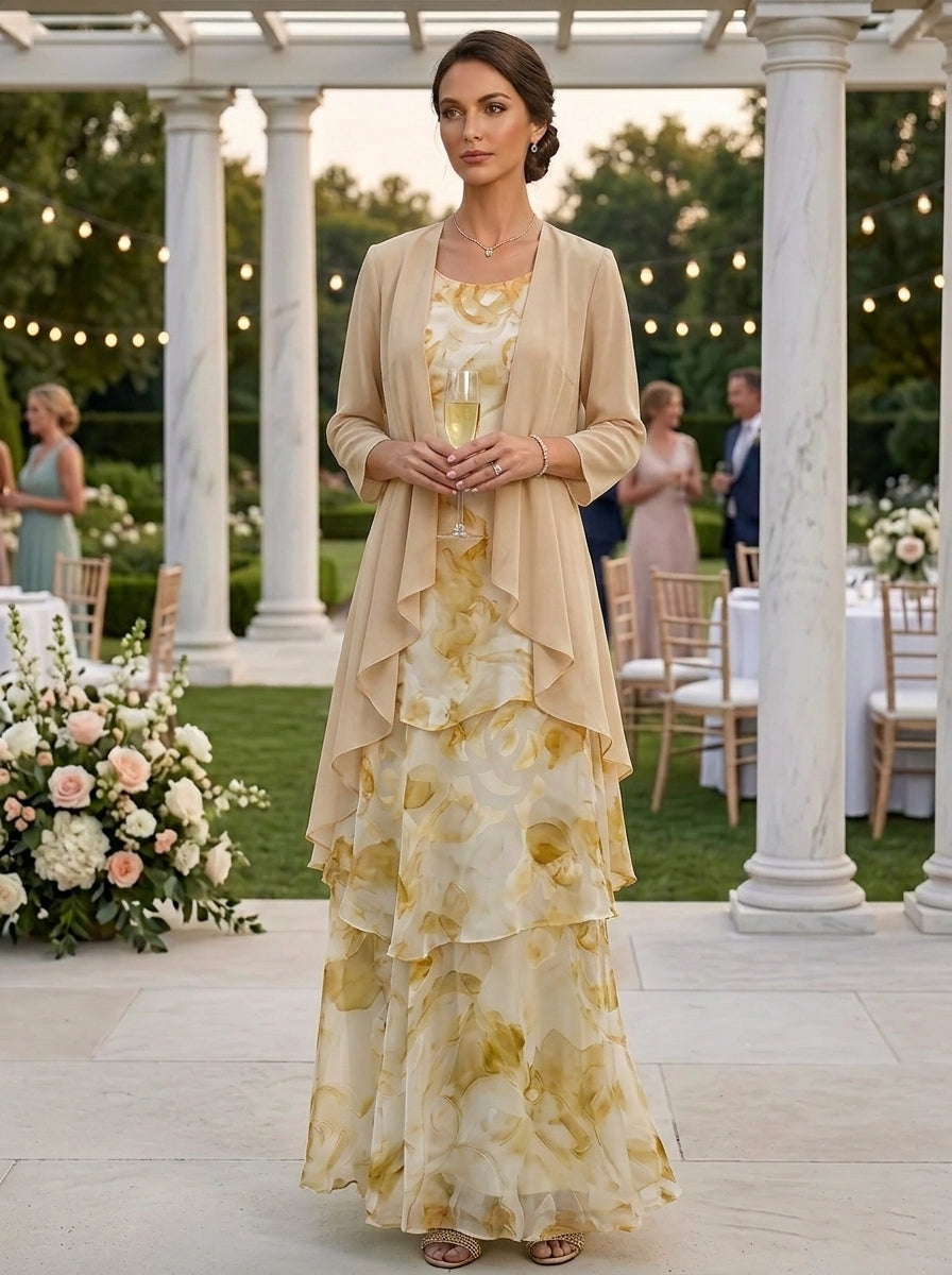 A-Line/Princess Scoop Chiffon Mother of the Bride Dresses with Jacket Floral Ankle-Length 3/4 Sleeves