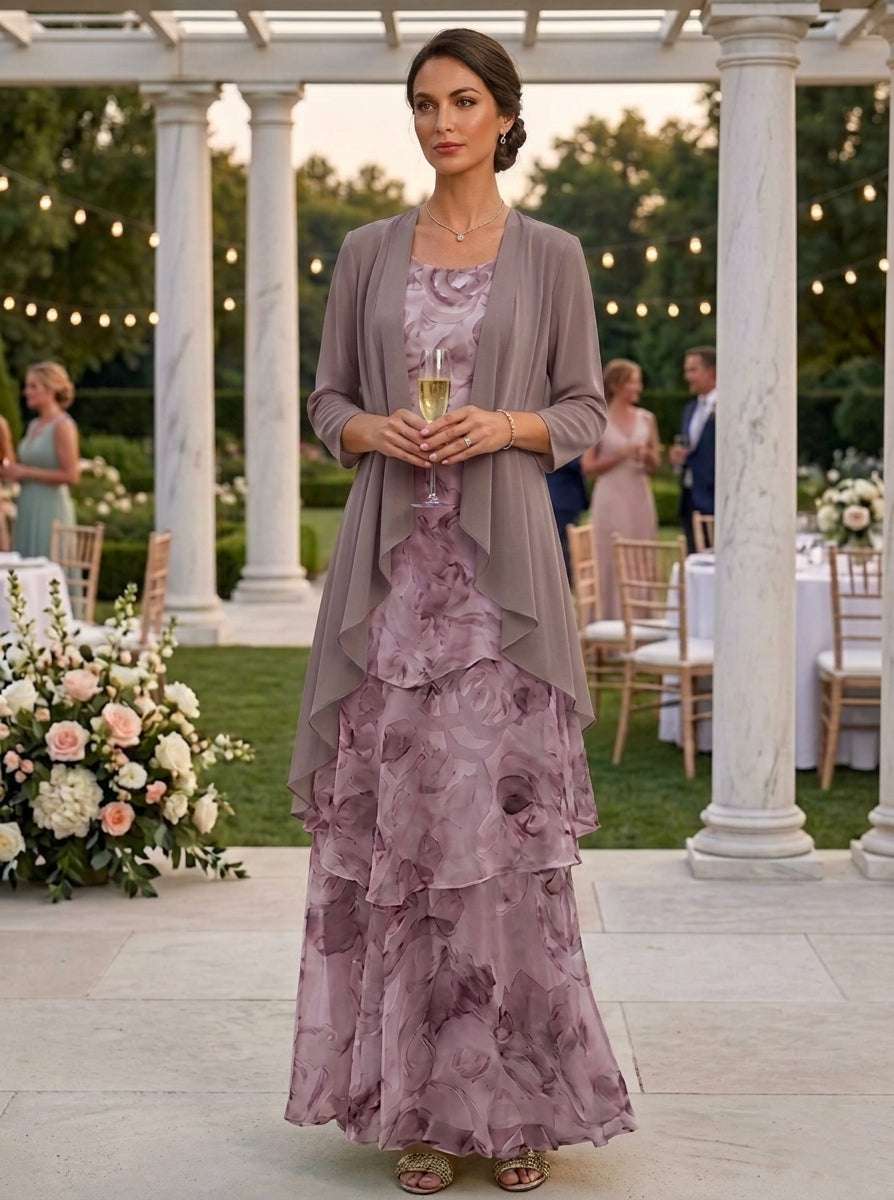 A-Line/Princess Scoop Chiffon Mother of the Bride Dresses with Jacket Floral Ankle-Length 3/4 Sleeves