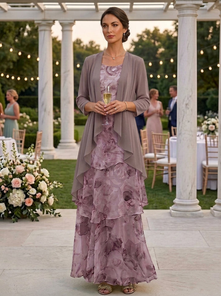 A-Line/Princess Scoop Chiffon Mother of the Bride Dresses with Jacket Floral Ankle-Length 3/4 Sleeves