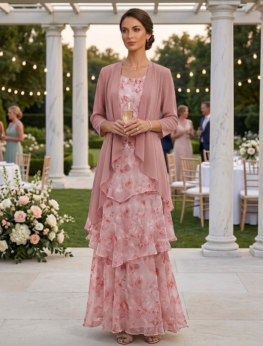 A-Line/Princess Scoop Chiffon Mother of the Bride Dresses with Jacket Floral Ankle-Length 3/4 Sleeves