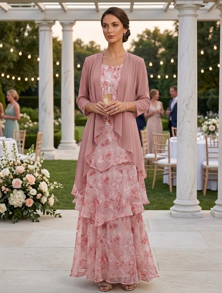 A-Line/Princess Scoop Chiffon Mother of the Bride Dresses with Jacket Floral Ankle-Length 3/4 Sleeves