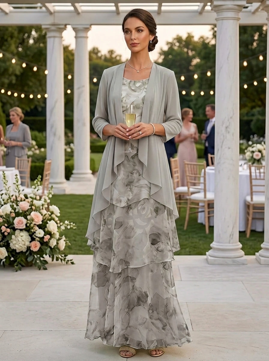 A-Line/Princess Scoop Chiffon Mother of the Bride Dresses with Jacket Floral Ankle-Length 3/4 Sleeves