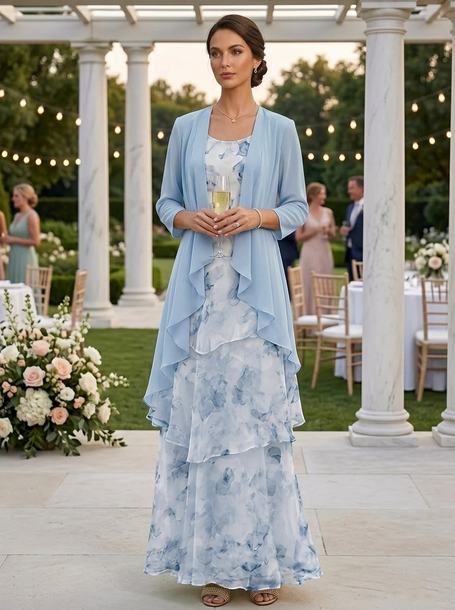 A-Line/Princess Scoop Chiffon Mother of the Bride Dresses with Jacket Floral Ankle-Length 3/4 Sleeves