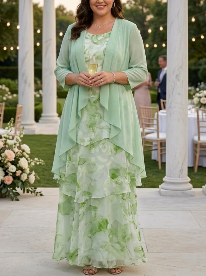 A-Line/Princess Scoop Chiffon Plus Size Mother of the Bride Dresses with Jacket Floral Ankle-Length 3/4 Sleeves