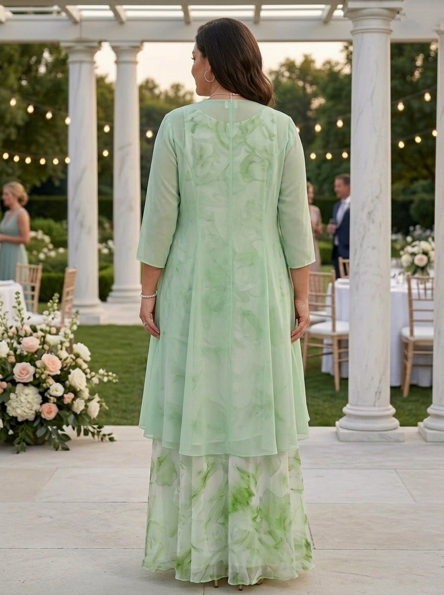 A-Line/Princess Scoop Chiffon Plus Size Mother of the Bride Dresses with Jacket Floral Ankle-Length 3/4 Sleeves