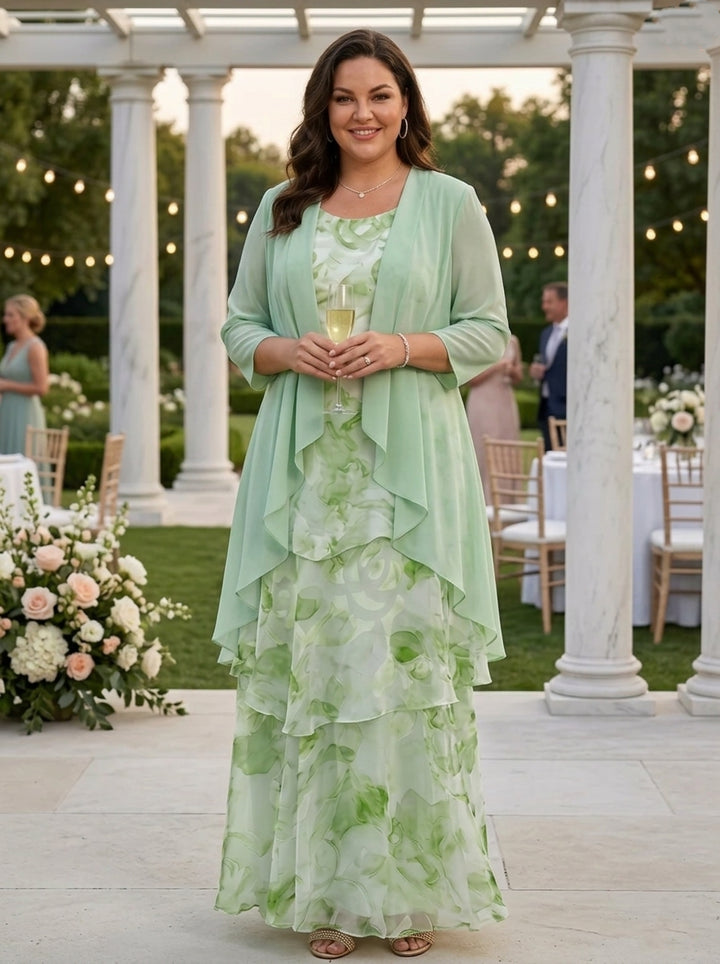A-Line/Princess Scoop Chiffon Plus Size Mother of the Bride Dresses with Jacket Floral Ankle-Length 3/4 Sleeves
