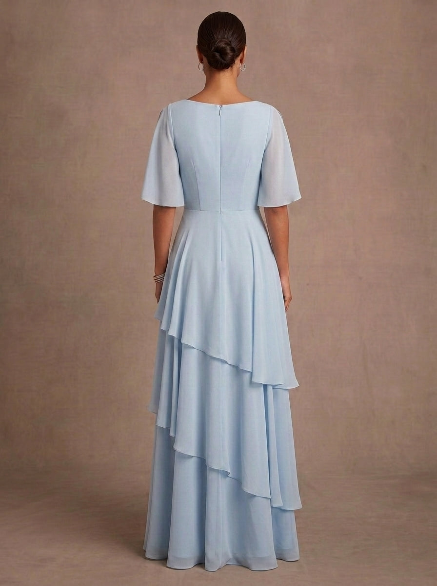 A-Line/Princess V-Neck Chiffon Mother of the Bride Dresses Short Sleeves Rhinestone Floor-Length Ruffles