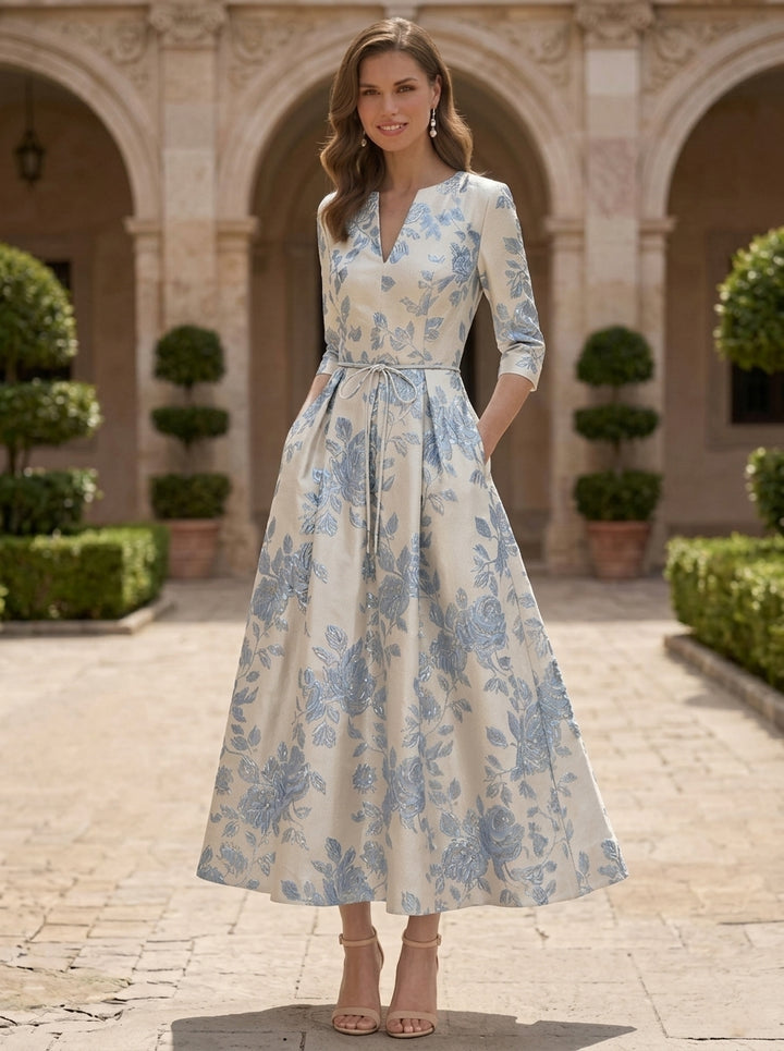A-Line/Princess V-Neck Jacquard Mother of the Bride Dresses 3/4 Sleeves Tea-Length Floral