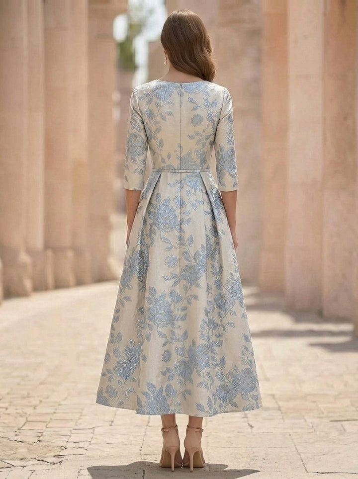 A-Line/Princess V-Neck Jacquard Mother of the Bride Dresses 3/4 Sleeves Tea-Length Floral