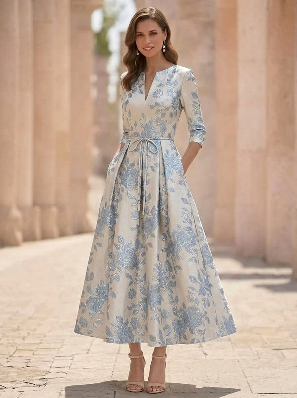 A-Line/Princess V-Neck Jacquard Mother of the Bride Dresses 3/4 Sleeves Tea-Length Floral