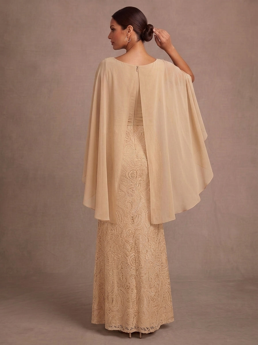 Sheath/Column Cowl Neck Chiffon Mother of the Bride Dresses Lace Cape Sleeves Ankle-Length Ruched
