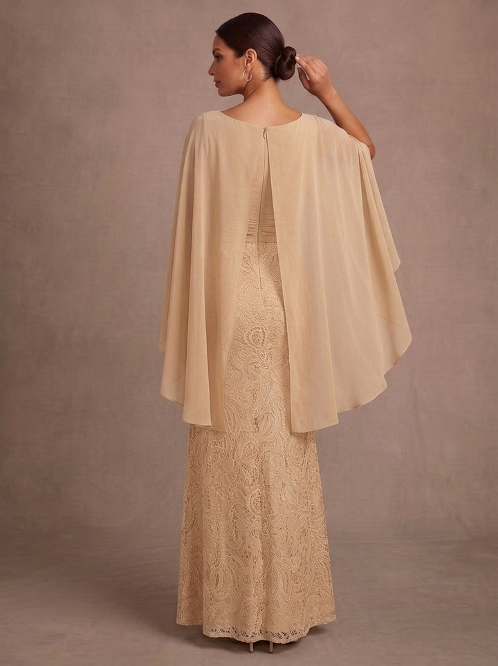 Sheath/Column Cowl Neck Chiffon Mother of the Bride Dresses Lace Cape Sleeves Ankle-Length Ruched