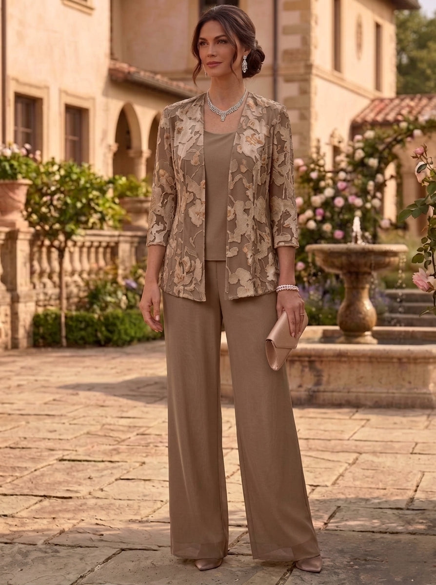 3 Pieces Suit Scoop Chiffon Lace Mother of the Bride Pantsuits with Jacket Floral Floor-Length 3/4 Sleeves