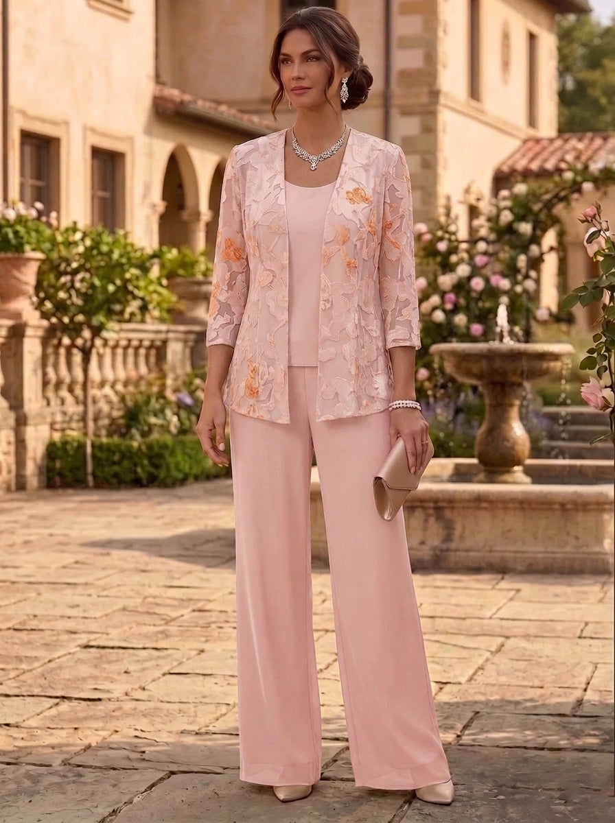3 Pieces Suit Scoop Chiffon Lace Mother of the Bride Pantsuits with Jacket Floral Floor-Length 3/4 Sleeves