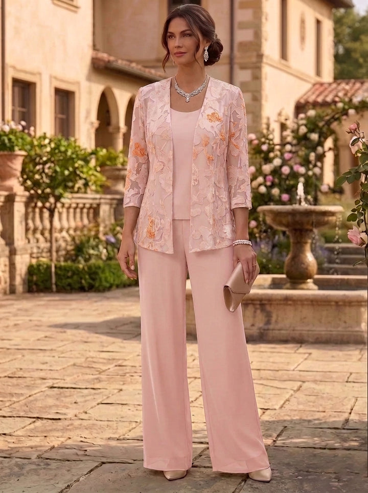 3 Pieces Suit Scoop Chiffon Lace Mother of the Bride Pantsuits with Jacket Floral Floor-Length 3/4 Sleeves