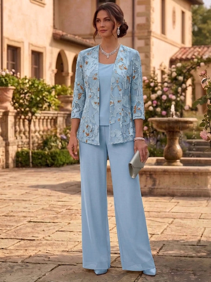 3 Pieces Suit Scoop Chiffon Lace Mother of the Bride Pantsuits with Jacket Floral Floor-Length 3/4 Sleeves