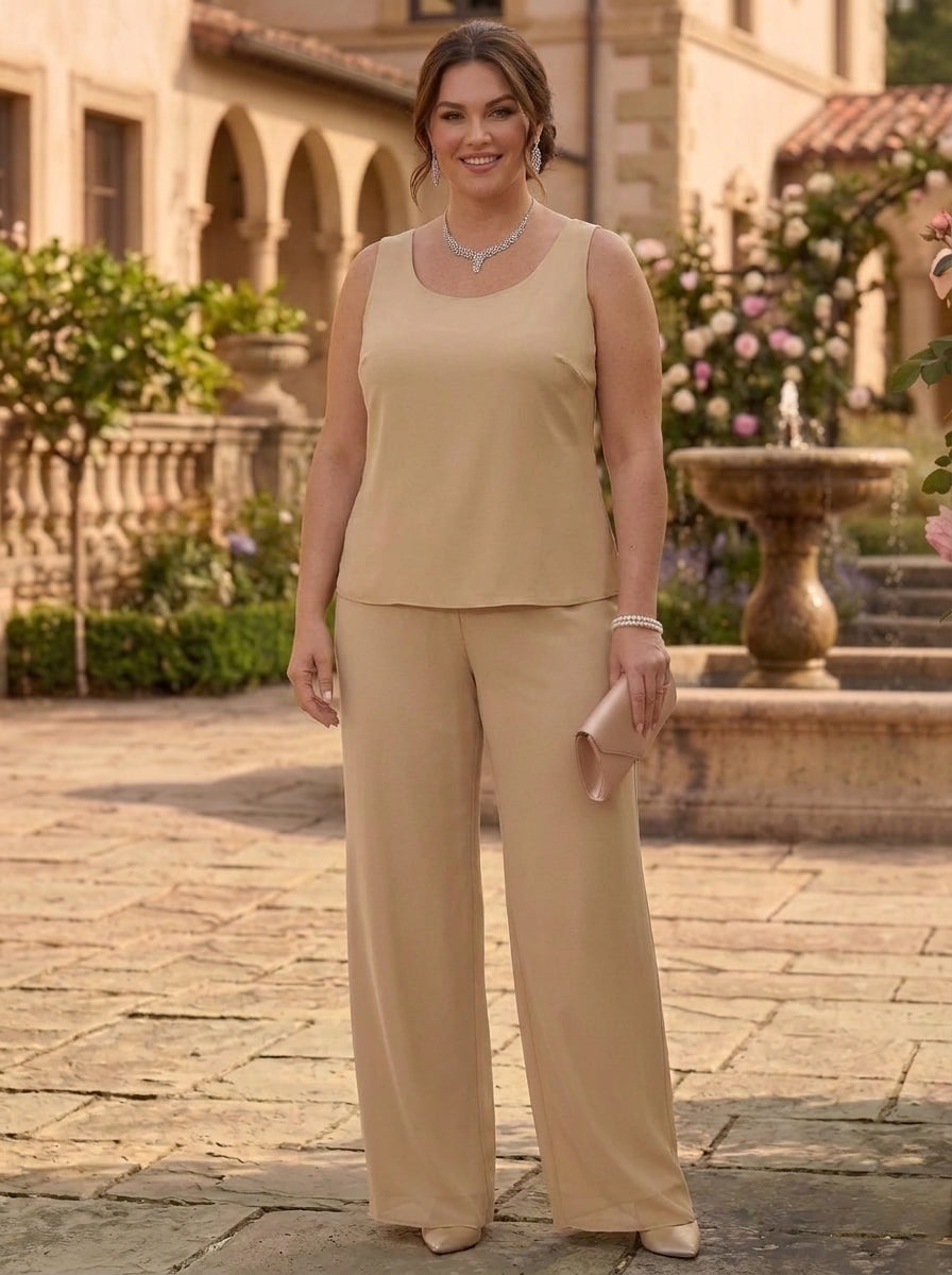 3 Pieces Suit Scoop Chiffon Lace Plus Size Mother of the Bride Pantsuits with Jacket Floral Floor-Length 3/4 Sleeves