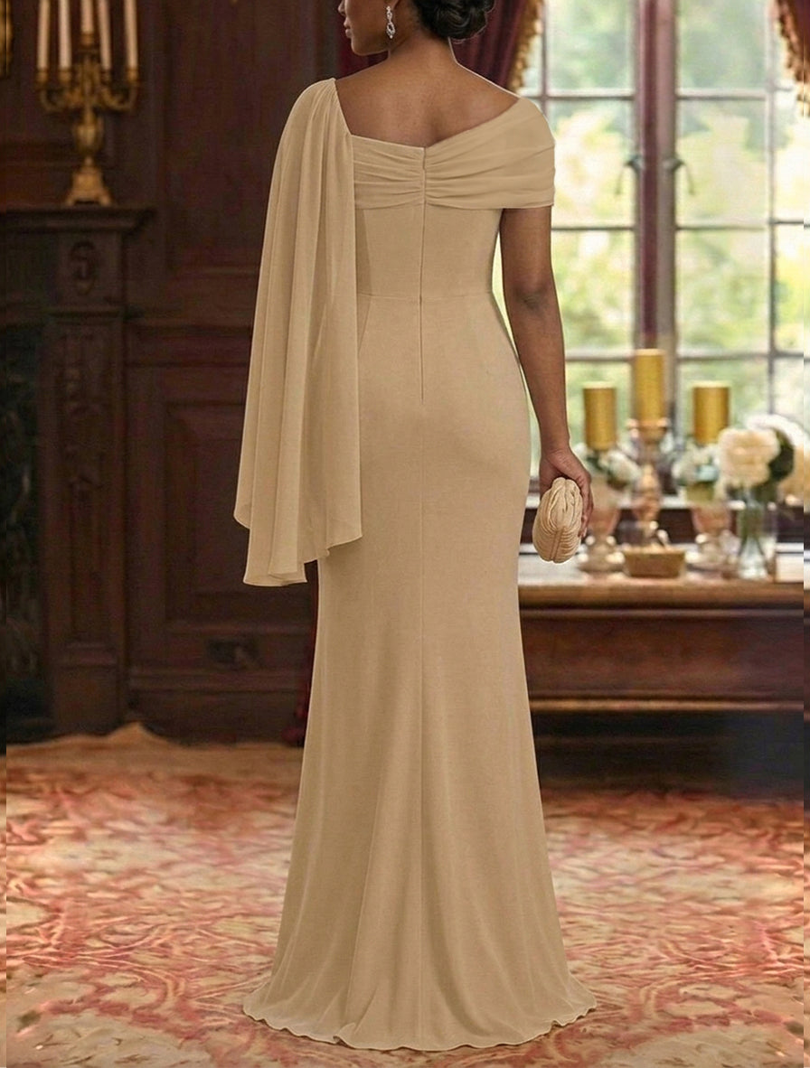 Sheath/Column Asymmetrical Neck Chiffon Mother of the Bride Dresses Cape Sleeve Rhinestone Floor-Length Ruched