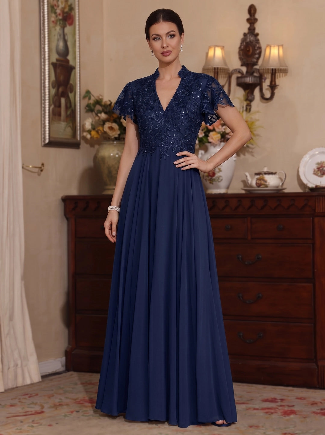 A-Line/Princess Chiffon V-Neck Mother of the Bride Dresses Lace Sequins Floor-Length Short Sleeves