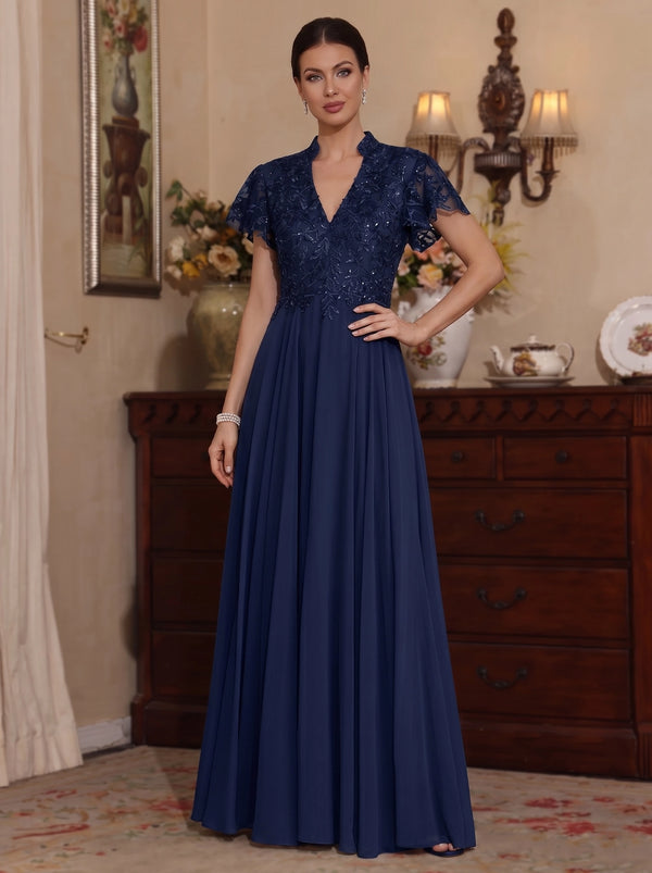 A-Line/Princess Chiffon V-Neck Mother of the Bride Dresses Lace Sequins Floor-Length Short Sleeves