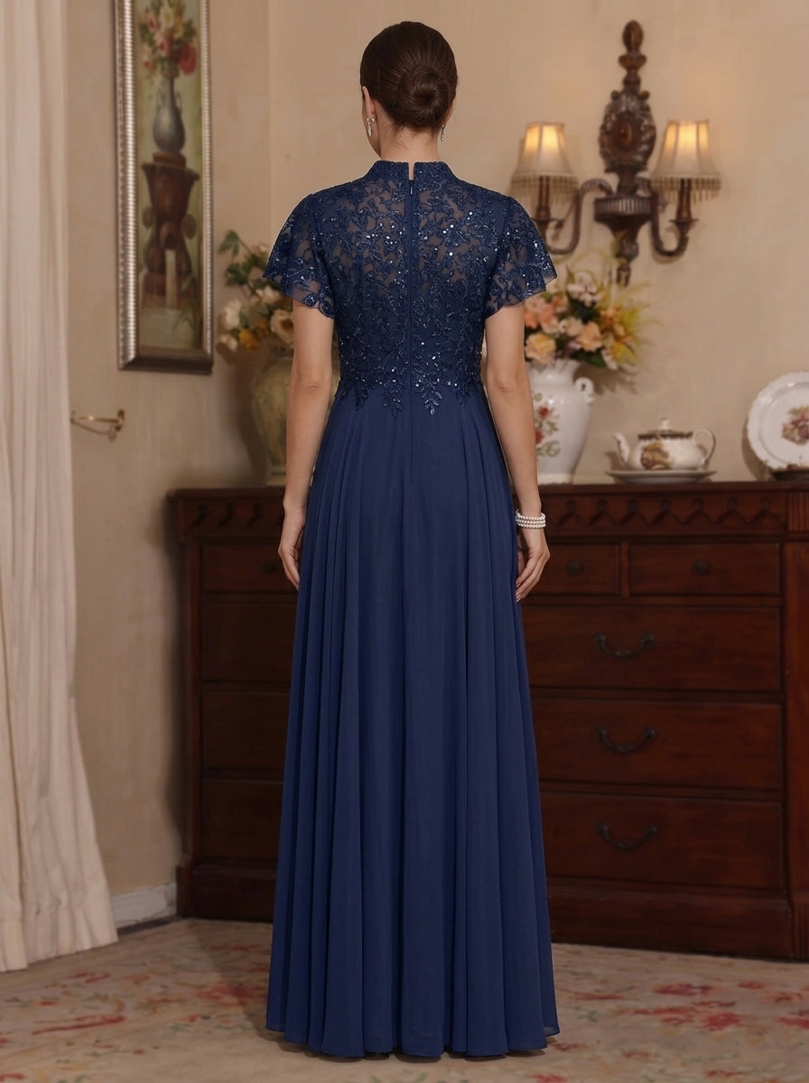 A-Line/Princess Chiffon V-Neck Mother of the Bride Dresses Lace Sequins Floor-Length Short Sleeves