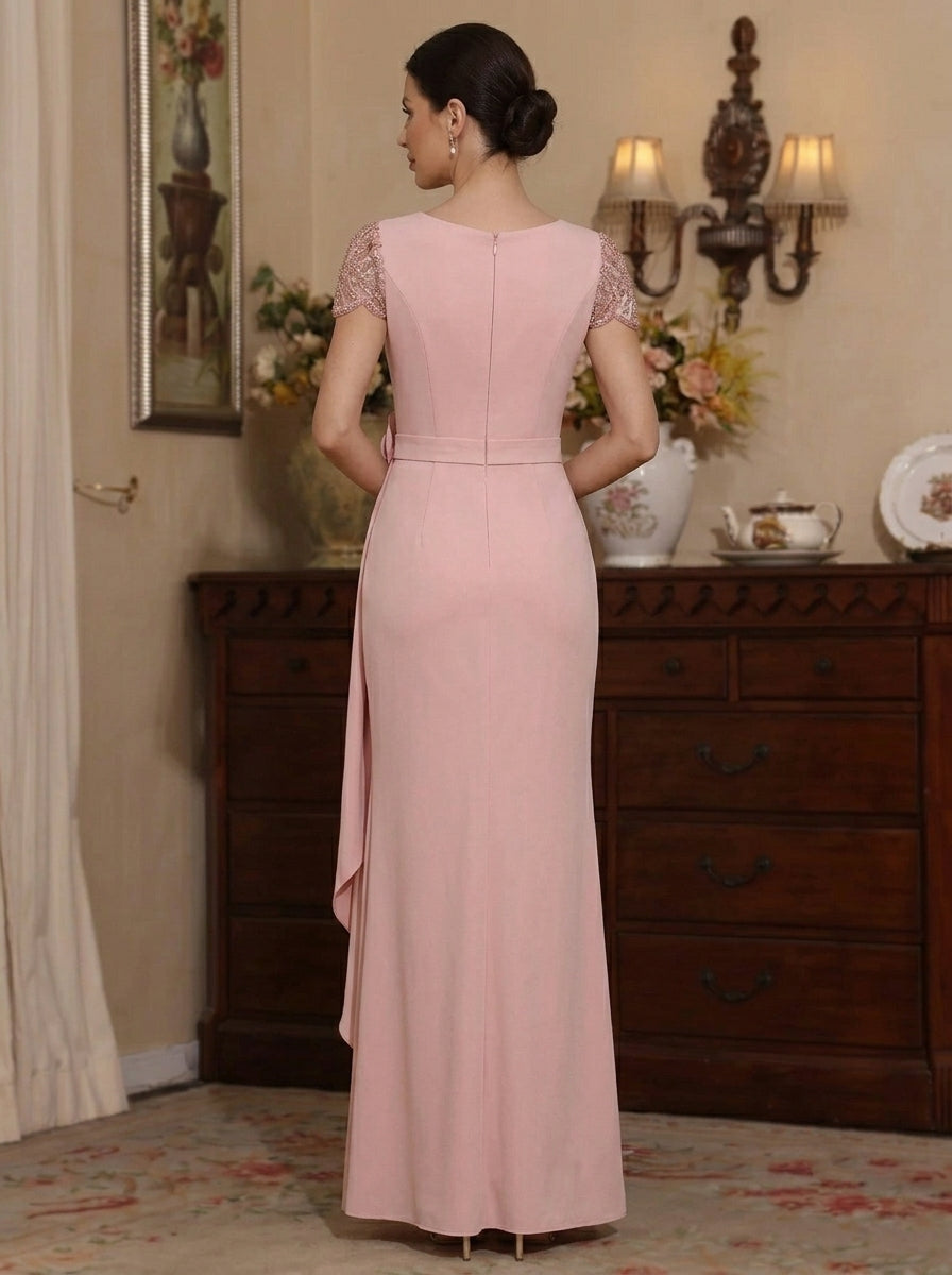 Sheath/Column Scoop Elastic Chiffon Mother of the Bride Dresses with Split Side 3D Flower Floral Floor-Length Short Sleeves