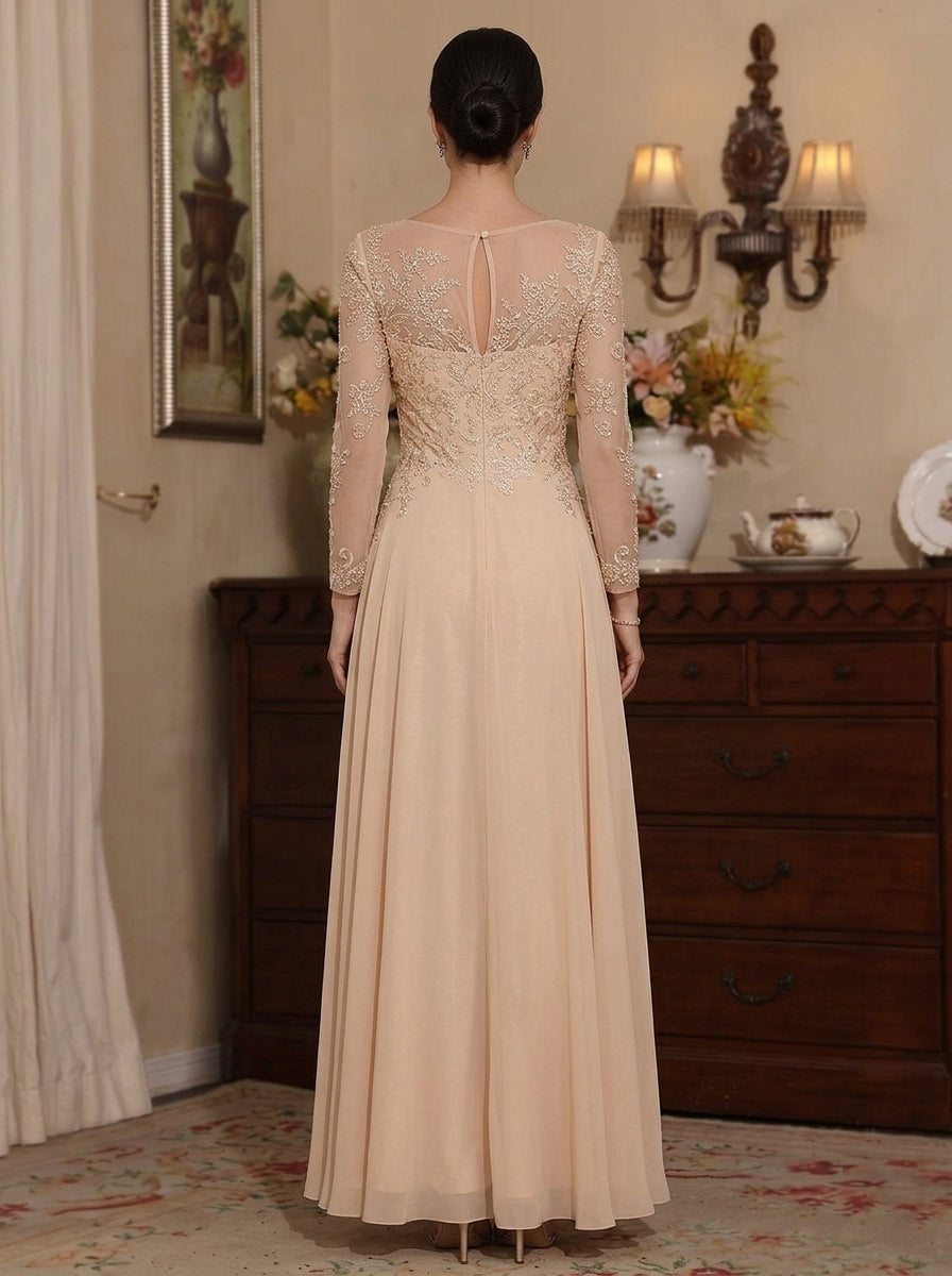 A-Line/Princess Chiffon Scoop Mother of the Bride Dresses Lace Floral Ankle-Length Long Sleeves