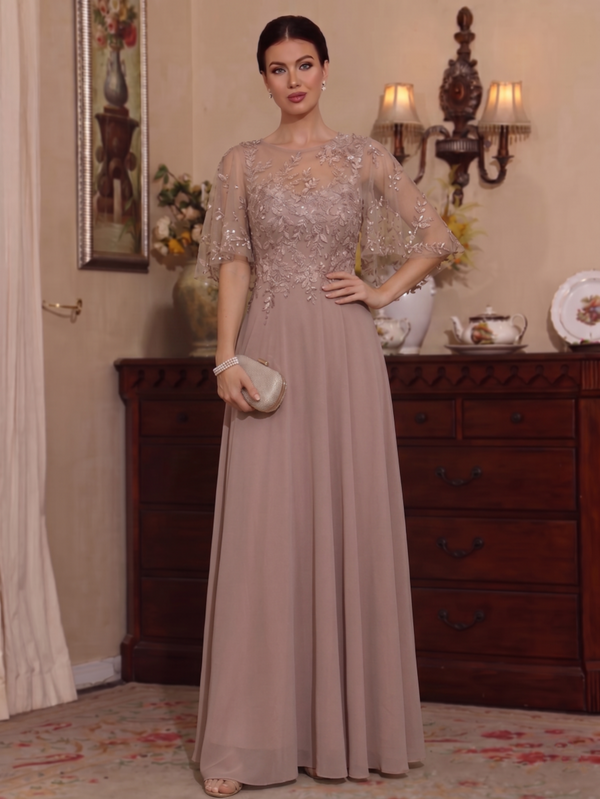 A-Line/Princess Scoop Chiffon Mother of the Bride Dresses Lace Floral Floor-Length Half Sleeves