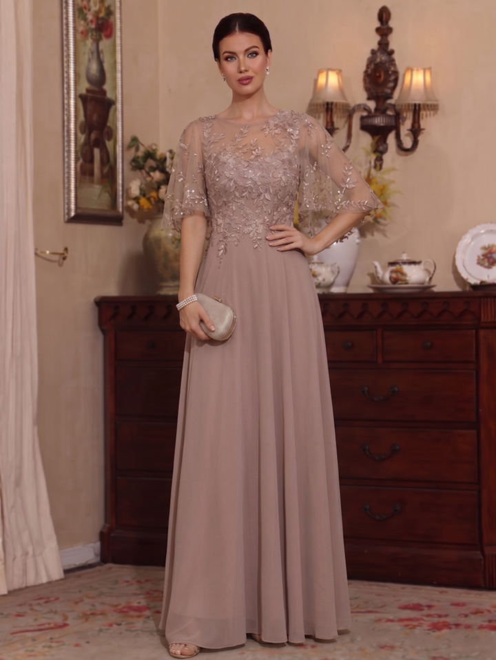 A-Line/Princess Scoop Chiffon Mother of the Bride Dresses Lace Floral Floor-Length Half Sleeves