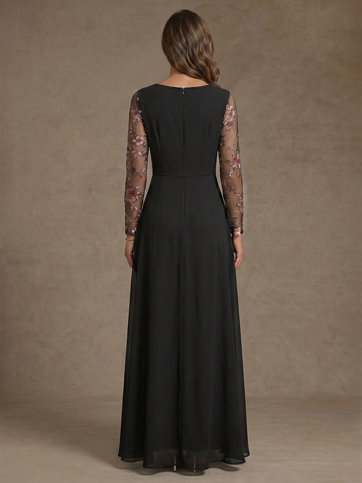 A-Line/Princess V-Neck Chiffon Mother of the Bride Dresses Floral Long Sleeves Ankle-Length