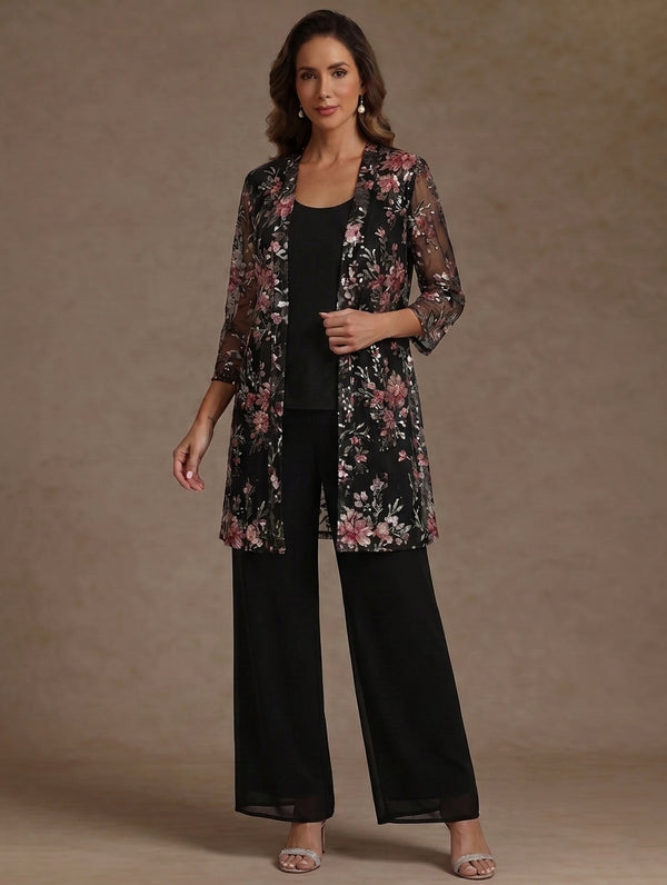 3 Pieces Suit Scoop Chiffon Mother of the Bride Pantsuits with Jacket Floral 3/4 Sleeves Ankle-Length