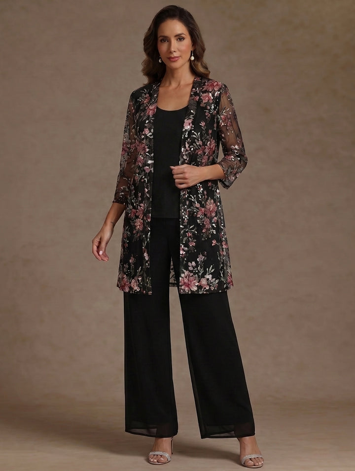 3 Pieces Suit Scoop Chiffon Mother of the Bride Pantsuits with Jacket Floral 3/4 Sleeves Ankle-Length