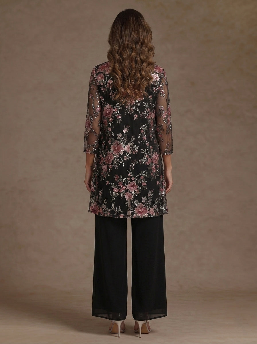 3 Pieces Suit Scoop Chiffon Mother of the Bride Pantsuits with Jacket Floral 3/4 Sleeves Ankle-Length