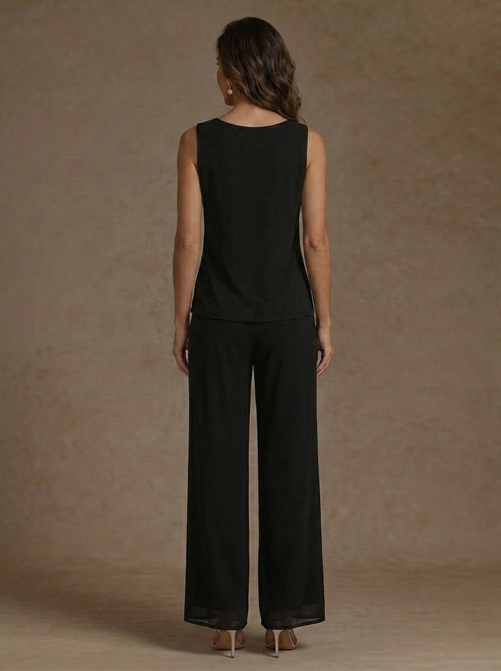 3 Pieces Suit Scoop Chiffon Mother of the Bride Pantsuits with Jacket Floral 3/4 Sleeves Ankle-Length